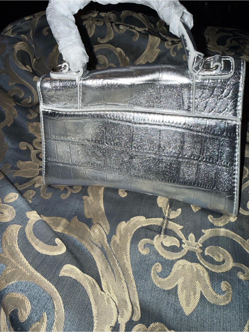 Designer Inspired Silver Croc-Embossed Top Handle Bag - Picture 3 of 9